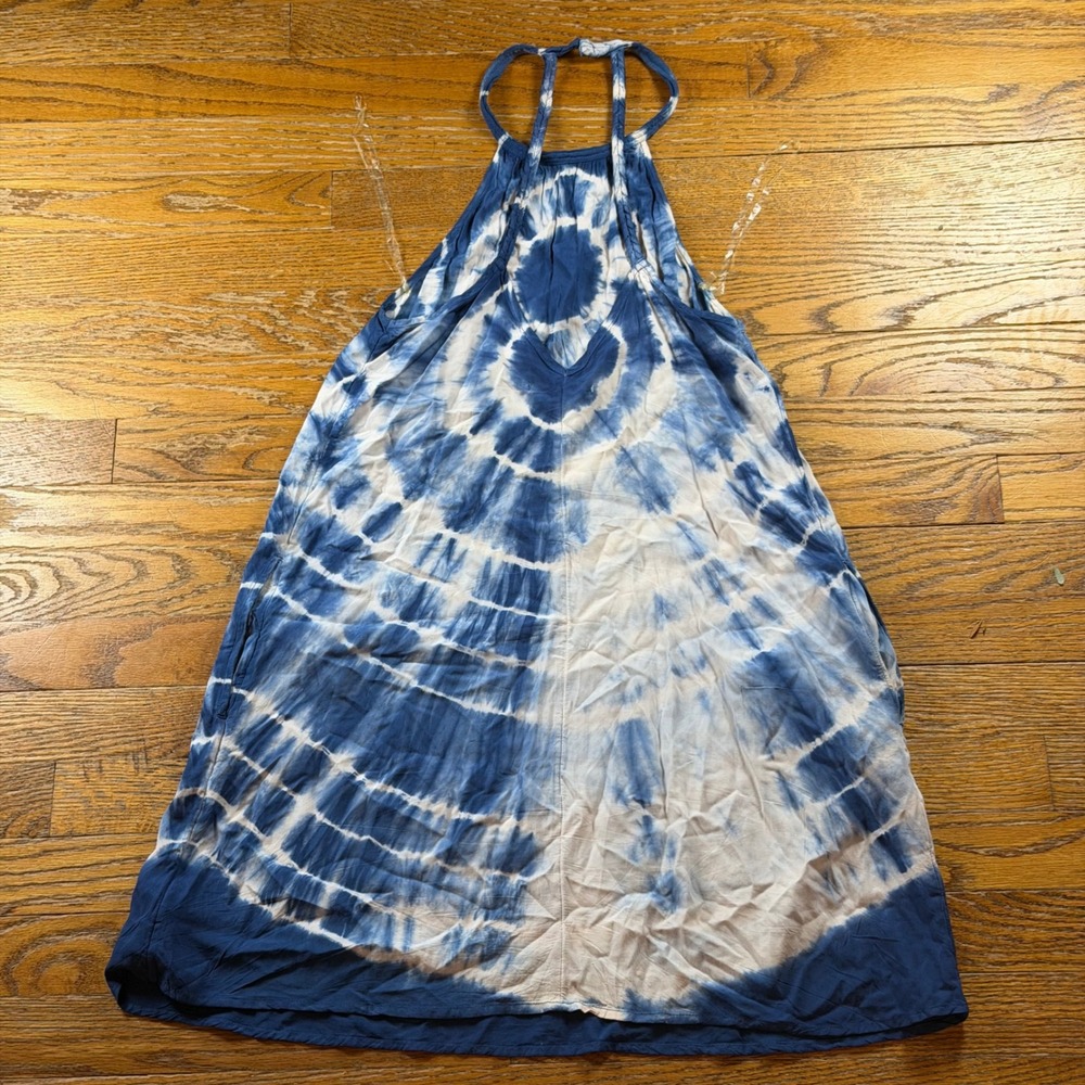 American Eagle Blue White Boho Tie Dye Halter Mini Dress XS Festival Pockets‎